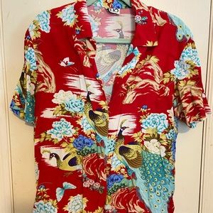 Vintage Clio Red Hawaiian Shirt with Peacock Print